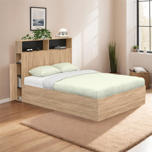 Lit Coffre Double Clyde Avec Tête De Lit + Rangements Et Sommier 140 X 190 Cm Façon Hêtre Et Noir