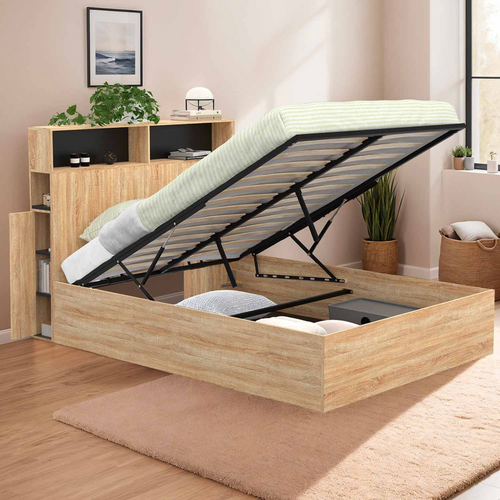 Lit Coffre Double Clyde Avec Tête De Lit + Rangements Et Sommier 140 X 190 Cm Façon Hêtre Et Noir