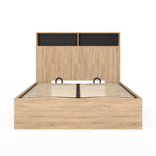 Lit Coffre Double Clyde Avec Tête De Lit + Rangements Et Sommier 140 X 190 Cm Façon Hêtre Et Noir