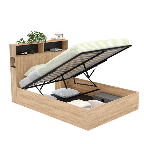 Lit Coffre Double Clyde Avec Tête De Lit + Rangements Et Sommier 140 X 190 Cm Façon Hêtre Et Noir