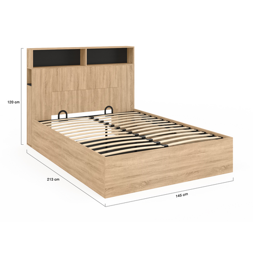 Lit Coffre Double Clyde Avec Tête De Lit + Rangements Et Sommier 140 X 190 Cm Façon Hêtre Et Noir