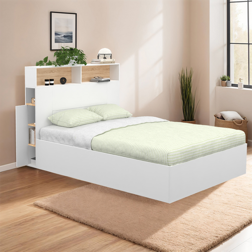 Lit Coffre Double Clyde Avec Tête De Lit + Rangements Et Sommier 140 X 190 Cm Blanc Et Façon Hêtre