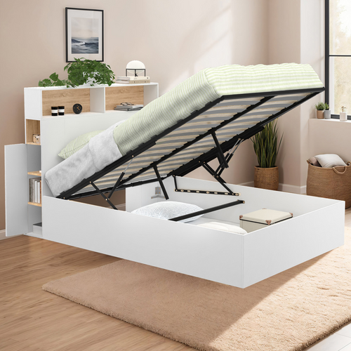 Lit Coffre Double Clyde Avec Tête De Lit + Rangements Et Sommier 140 X 190 Cm Blanc Et Façon Hêtre