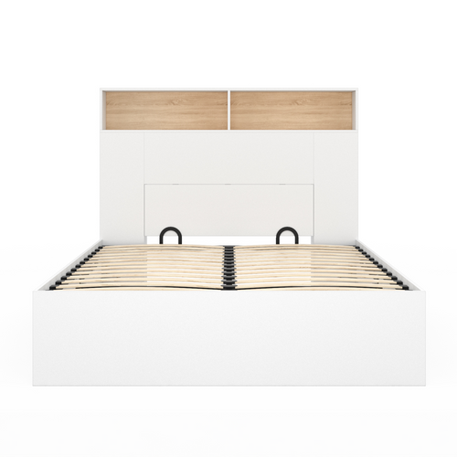 Lit Coffre Double Clyde Avec Tête De Lit + Rangements Et Sommier 140 X 190 Cm Blanc Et Façon Hêtre