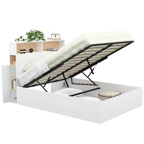 Lit Coffre Double Clyde Avec Tête De Lit + Rangements Et Sommier 140 X 190 Cm Blanc Et Façon Hêtre