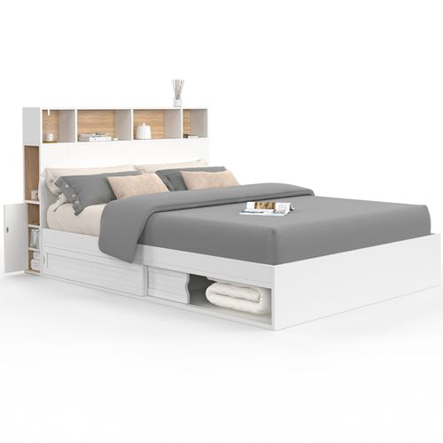 Lit Double Clem Avec Tête De Lit, Rangements Et Sommier 140 X 190 Cm Blanc