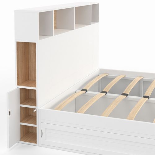 Lit Double Clem Avec Tête De Lit, Rangements Et Sommier 140 X 190 Cm Blanc