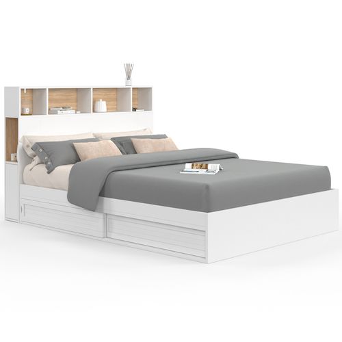 Lit Double Clem Avec Tête De Lit, Rangements Et Sommier 140 X 190 Cm Blanc