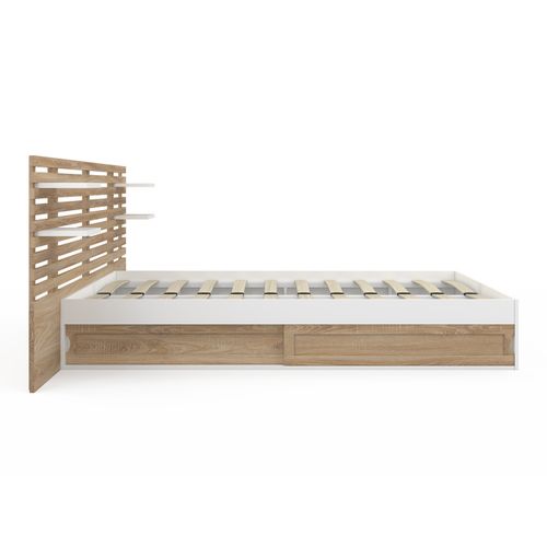 Lit Double Savana Avec Tête De Lit, Chevets, Rangements Et Sommier 140 X 190 Cm Hêtre Et Blanc