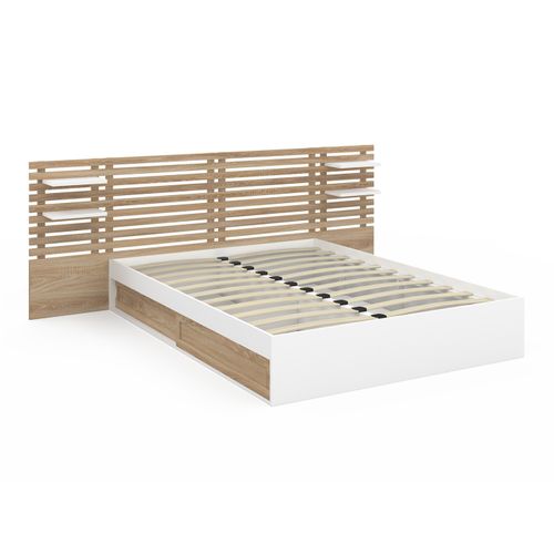 Lit Double Savana Avec Tête De Lit, Chevets, Rangements Et Sommier 140 X 190 Cm Hêtre Et Blanc