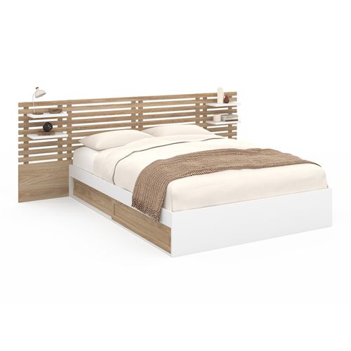 Lit Double Savana Avec Tête De Lit, Chevets, Rangements Et Sommier 140 X 190 Cm Hêtre Et Blanc