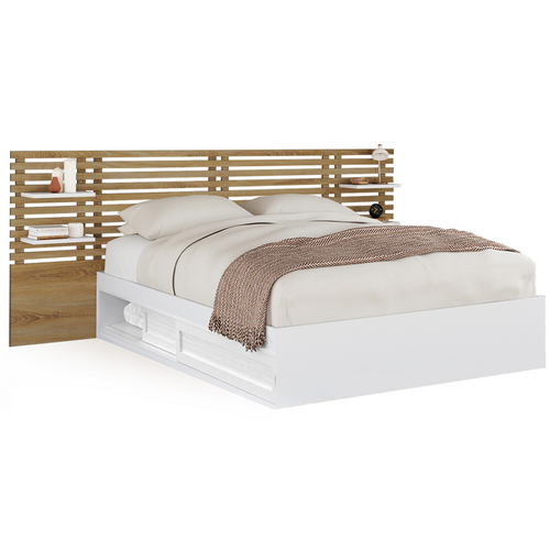 Lit Double Savana Avec Tête De Lit, Chevets, Rangements Et Sommier 140 X 190 Cm Blanc Et Façon Hêtre