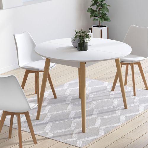 Table à Manger Fixe Ronde Angela 4-6 Personnes Blanc Pieds Bois 110 Cm