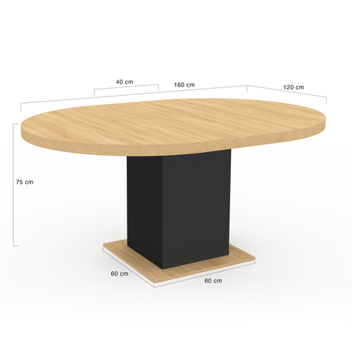 Table à Manger Extensible Ronde Eden 4-8 Personnes Bois Et Noir 120-160 Cm