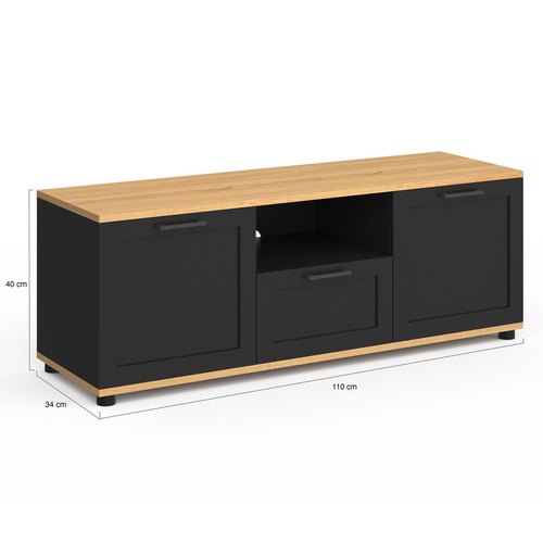 Meuble TV 110 Cm Vito Avec Tiroir Et Niche Noir Et Bois