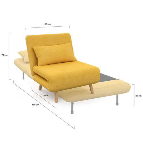 Fauteuil Convertible Romeo Lit D'appoint 1 Place 80x190 Cm Tissu Jaune