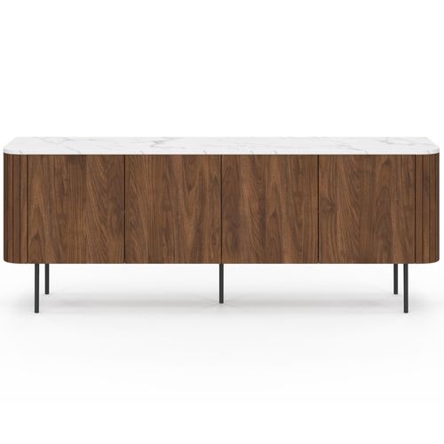 Buffet Bas 160 Cm Marla 4 Portes Effet Noyer Et Lattes Et Plateau Marbre Blanc Alaska