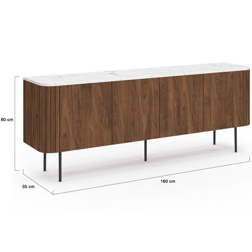Buffet Bas 160 Cm Marla 4 Portes Effet Noyer Et Lattes Et Plateau Marbre Blanc Alaska