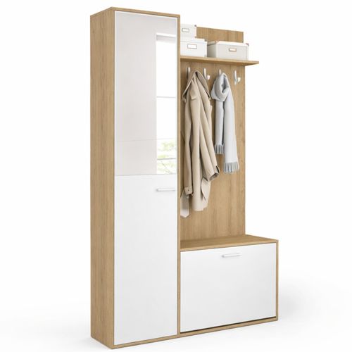 Vestiaire D'entrée Rangement Chaussures Avec Miroir Et Étagères Mahaut 1 Porte Effet Bois Et Blanc