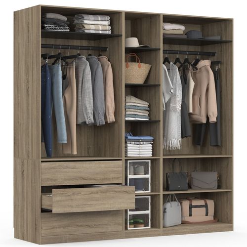 Dressing Modulable Taylor 200 X 55 X 200 Cm 3 Modules Avec Penderies + Étagères + Tiroirs Hêtre