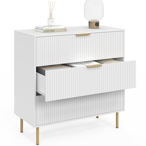 Commode 3 Tiroirs Marcel 80 Cm Lattes Blanc Et Doré