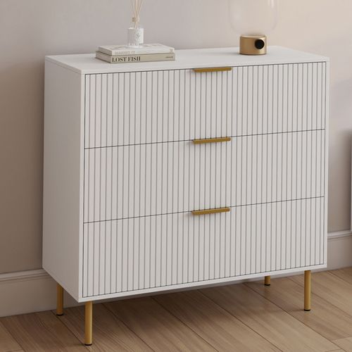 Commode 3 Tiroirs Marcel 80 Cm Lattes Blanc Et Doré