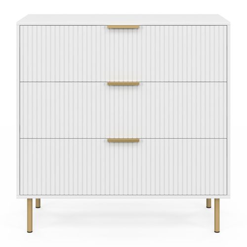 Commode 3 Tiroirs Marcel 80 Cm Lattes Blanc Et Doré