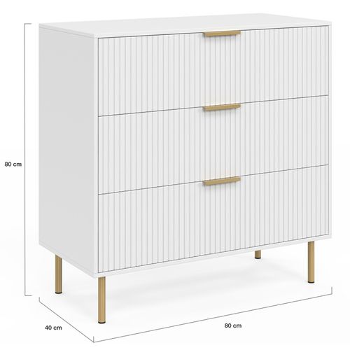 Commode 3 Tiroirs Marcel 80 Cm Lattes Blanc Et Doré