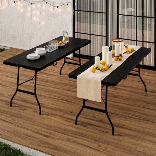 Table Pliante D Appoint Portable 180 Cm Pour Camping Ou Réception Bois Noir