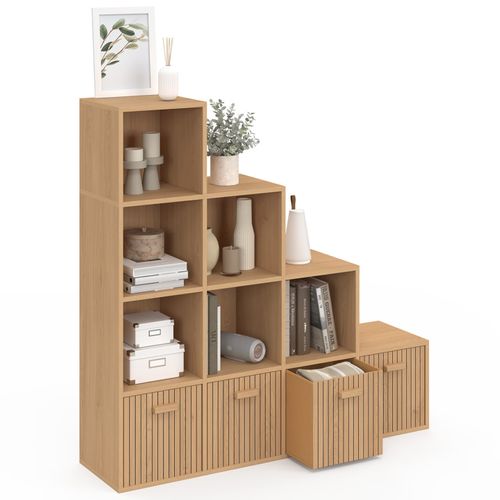 Meuble De Rangement En Escalier Lorys 4 Niveaux Effet Lattes Juliette Avec 4 Tiroirs En Tissu