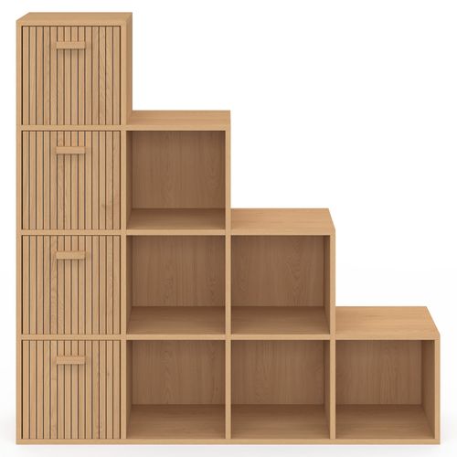 Meuble De Rangement En Escalier Lorys 4 Niveaux Effet Lattes Juliette Avec 4 Tiroirs En Tissu