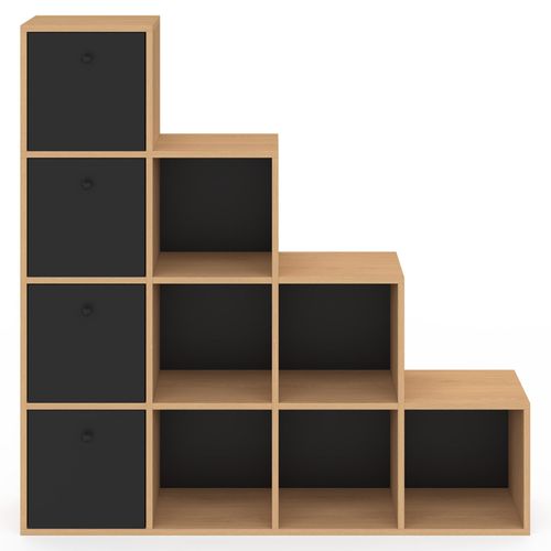Meuble De Rangement En Escalier Lorys 4 Niveaux Bois Et Noir Avec 4 Tiroirs En Tissu
