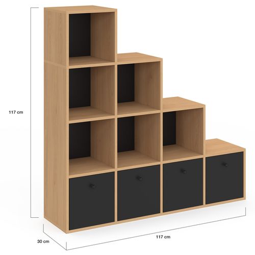 Meuble De Rangement En Escalier Lorys 4 Niveaux Bois Et Noir Avec 4 Tiroirs En Tissu
