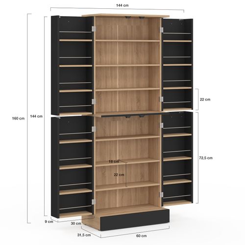 Buffet Haut Armoire De Cuisine H.160 Cm Alto 4 Portes Avec Rangements Façon Hêtre Et Noir