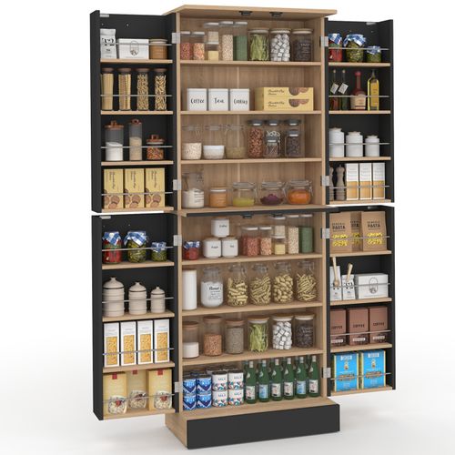 Buffet Haut Armoire De Cuisine H.160 Cm Alto 4 Portes Avec Rangements Façon Hêtre Et Noir