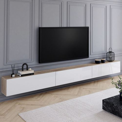 Meuble TV 300 Cm Suspendu Elio 3 Portes Bois Et Blanc
