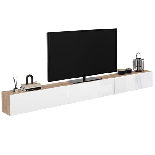 Meuble TV 300 Cm Suspendu Elio 3 Portes Bois Et Blanc