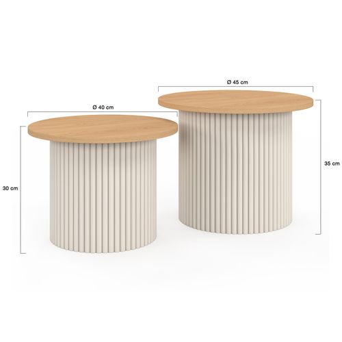 Lot De 2 Tables Basses Gigognes Kanel Rondes 40/45 Effet Cannelé Beige Et Plateau Bois