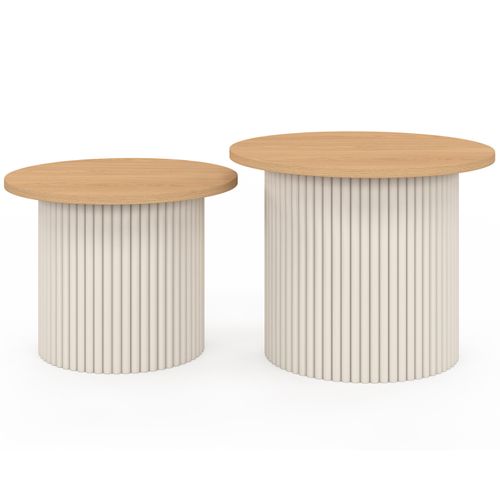 Lot De 2 Tables Basses Gigognes Kanel Rondes 40/45 Effet Cannelé Beige Et Plateau Bois