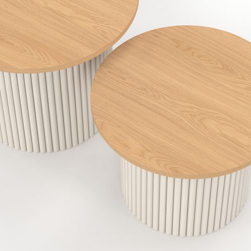 Lot De 2 Tables Basses Gigognes Kanel Rondes 40/45 Effet Cannelé Beige Et Plateau Bois