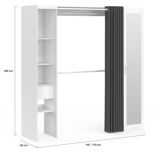 Dressing Extensible Meryl 145/170 X 50 X 180 Cm Blanc Avec Étagères + Double Penderie + Miroir + Rid