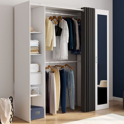 Dressing Extensible Meryl 145/170 X 50 X 180 Cm Blanc Avec Étagères + Double Penderie + Miroir + Rid