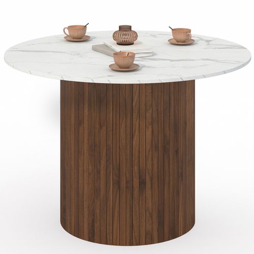 Table à Manger Ronde Juliette 6 Personnes Pied Central Effet Lattes Noyer Et Plateau Effet Marbre Bl