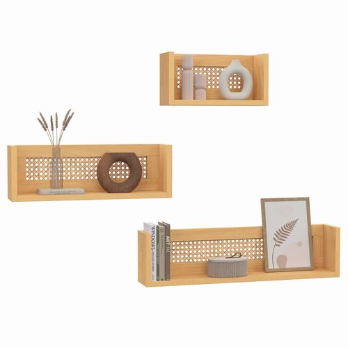 Lot De 3 Étagères Murales Edhen Bois Et Cannage 60/45/30 Cm