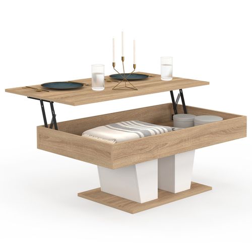 Table Basse Plateau Relevable Rectangulaire Eliad Bois Et Blanc