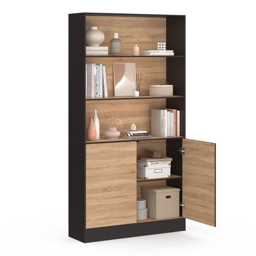 Etagère Bibliothèque Carla 3 Niveaux XXL 1 Placard Noir Et Effet Bois 190 Cm