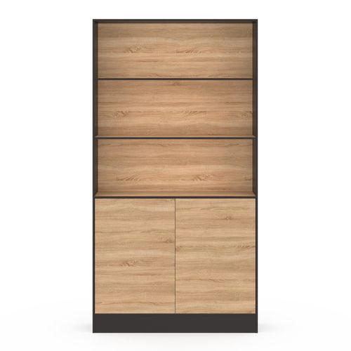 Etagère Bibliothèque Carla 3 Niveaux XXL 1 Placard Noir Et Effet Bois 190 Cm