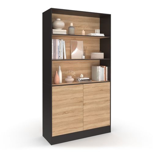Etagère Bibliothèque Carla 3 Niveaux XXL 1 Placard Noir Et Effet Bois 190 Cm