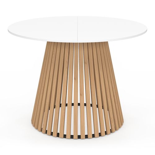 Table à Manger Ronde Carmen 6 Personnes Pied Bois En Lattes Et Plateau Bois Blanc 110 Cm