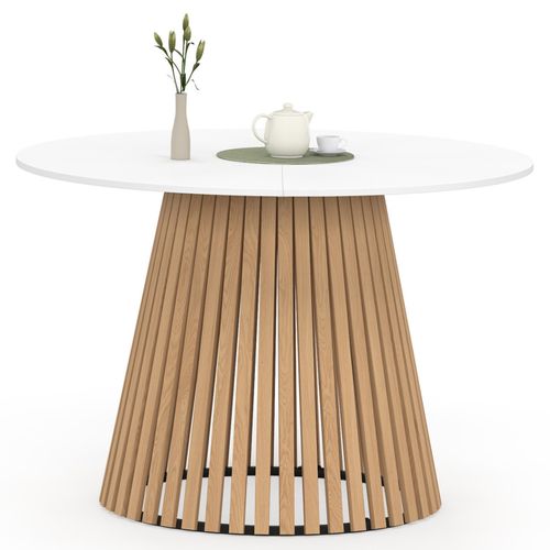 Table à Manger Ronde Carmen 6 Personnes Pied Bois En Lattes Et Plateau Bois Blanc 110 Cm